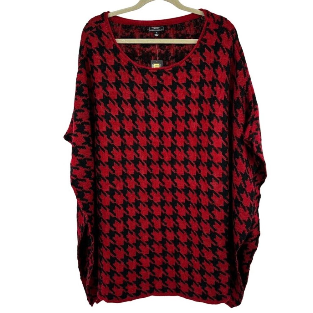 Lisa International Red Black Houndstooth Knit Sweater Poncho 1X plus new